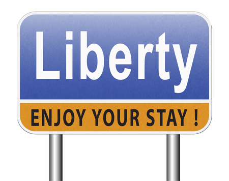 Liberty freedom, democracy and human rights free of speech, road sign billboard.の写真素材
