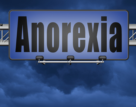 Anorexia nervosa eating disorder with under weight as symptoms needs prevention and treatment is caused by extreme dieting, diet and bulimia, road sign billboard.の写真素材