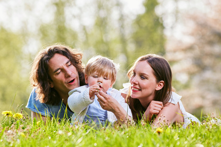 Young family together in grass on the meadowの写真素材