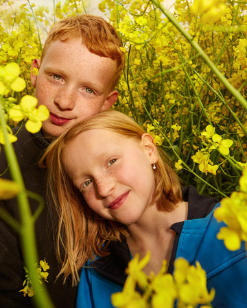 Boy and girl in rape field..の写真素材