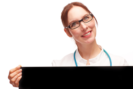 Woman doctor with black sign friendly smiles as Cut .の写真素材