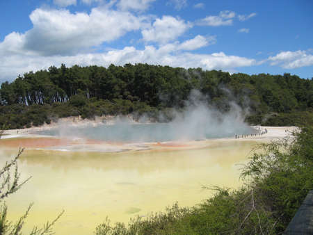 The Champagne Pool, a hot spring in an old volcano crater in the thermal are Wai-O-Tapu near Rotorua, New Zealandの写真素材