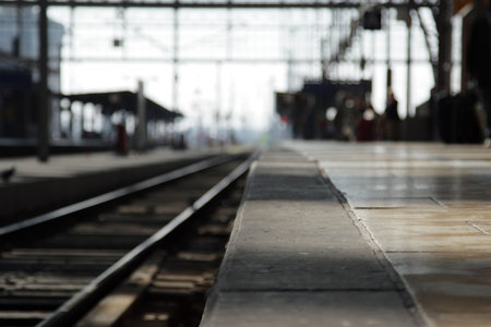 Empty railway platform, focus on the foreground.の写真素材
