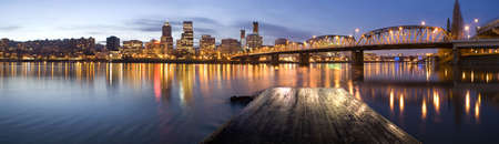 Portland, Oregon Panorama.  Night scene with light reflections on the Willamette Riverの写真素材
