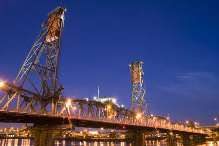 Portland, Oregon Panorama.  Night scene with light reflections on the Willamette Riverの写真素材
