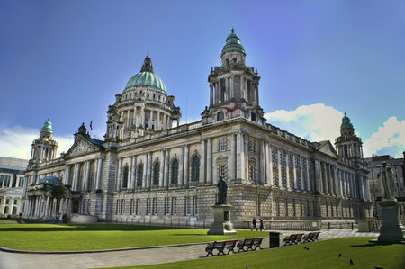 Beautiful Picture of City Hall in Belfast Northern Ireland, with bright blue sky.の写真素材