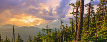 Majestic View of Mt. Hood on a bright, colorful sunset during the summer months.の写真素材