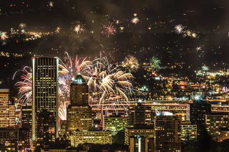 View of Portland Oregon, USA from Pittock Mansion during a Fireworks Show