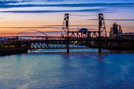Portland, Oregon Panorama.  Night scene of the Steel Bridge overlooking the Willamette Riverの写真素材