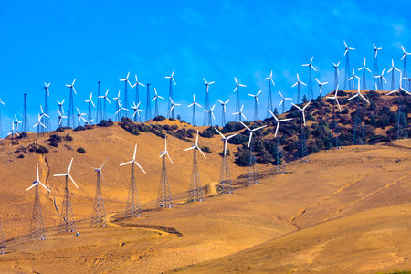 Daytime picture of an Electricity Windfarmの写真素材