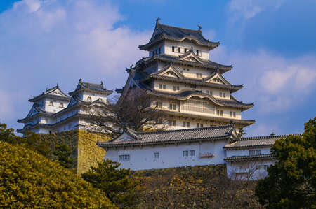 Ancient Samurai Castle of Himeji with Blue Cloudy Sky in  Japanのeditorial素材