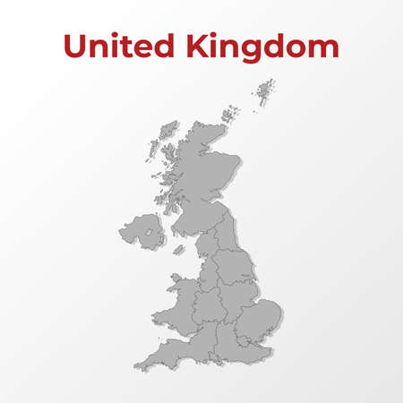 A modern map of the United Kingdom (UK) with a division into regions, on a gray background with a red title.のイラスト素材
