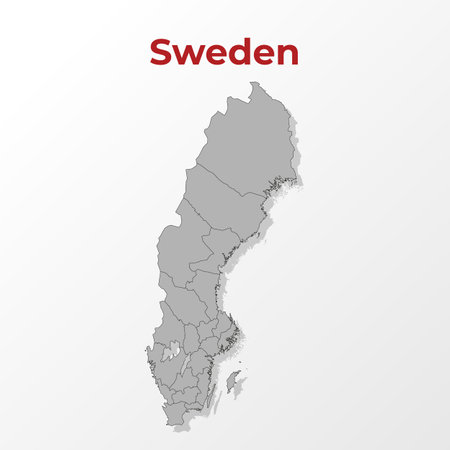 A modern map of Sweden with a division into regions, on a gray background with a red title.のイラスト素材