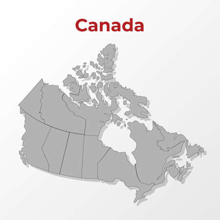 A modern map of Canada with a division into regions, on a gray background with a red title.のイラスト素材