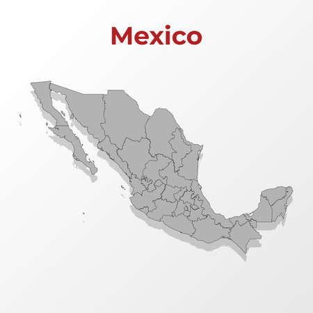 A modern map of Mexico with a division into regions, on a gray background with a red title.のイラスト素材