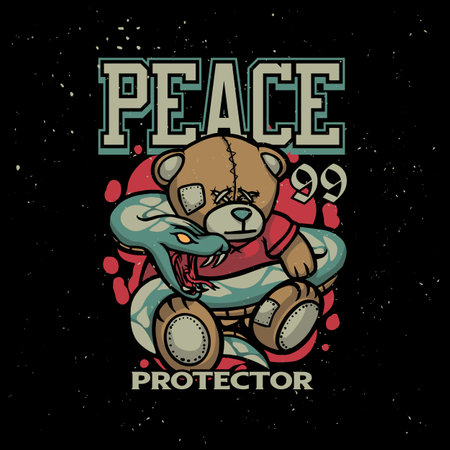 snake wraped teddy bear doll and protect him. Vector illustration for t-shirt streetwear.のイラスト素材