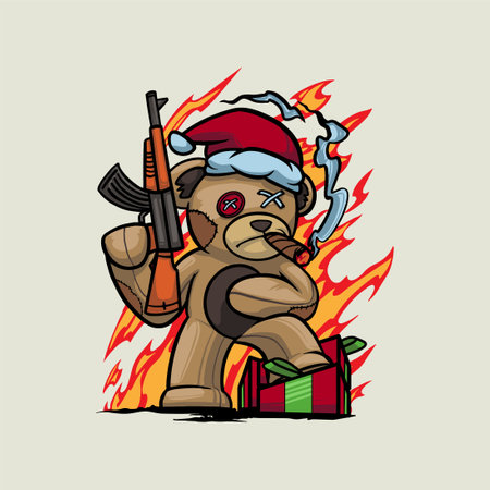 Teddy bear with a gun in his hand. Vector illustration streetwear designのイラスト素材