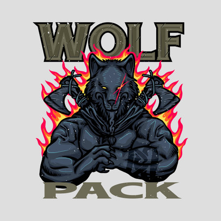 muscular viking Wolf with 2 axes . Vector illustration for streetwear and crossfit merch.のイラスト素材