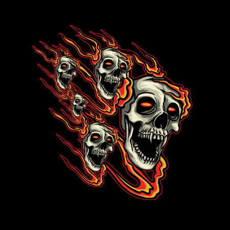 Skulls with fire flames on black background. Vector illustration for streetwear needs.のイラスト素材