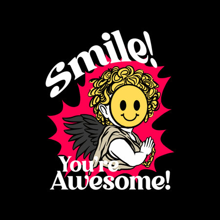 Smiling angel with wings and hand lettering. Vector illustration.のイラスト素材