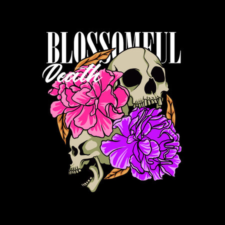 Skull and peony flowers. Vector illustration on black background.の写真素材