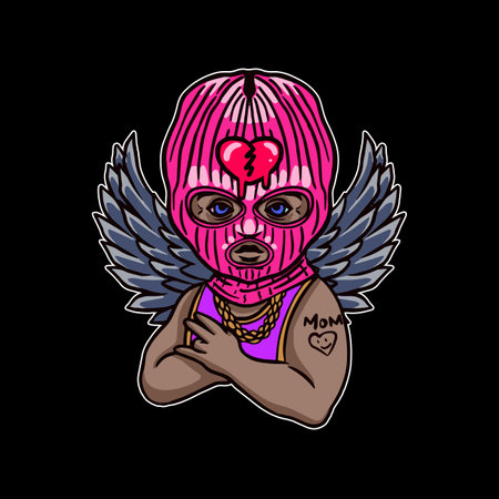 Girl with wings. Vector illustration of a girl in a pink wig.のイラスト素材