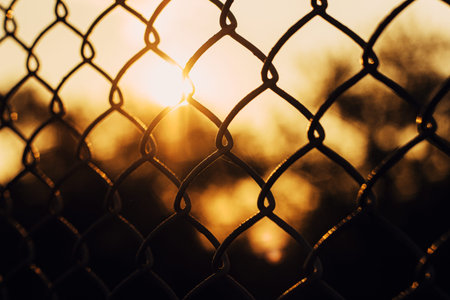 A metal fence against a warm sunset