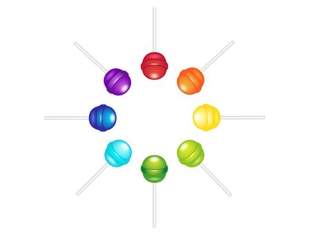 Lollipops, caramel on a stick arranged in a circle. A set of bright shiny candies in all colors of the rainbow: red, orange, yellow, light green, green, sky blue, blue and purple. Colorful candiesのイラスト素材