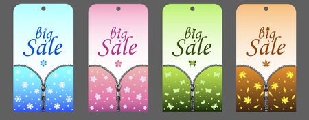 A set of labels with a zipper and seasons for seasonal sales in clothing stores. Labels with lettering big sale - vector templates.のイラスト素材