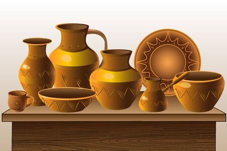 Pottery. Counter with pottery - a variety of ethnic dishes. Pitchers, vases, plate, cup, pot, coffee maker on a wooden table.のイラスト素材