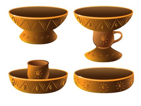 Candlesticks, clay, pottery. Supports for candles. Ethnic ceramics. Golden candlesticks with ornament. Pottery, ceramic.のイラスト素材