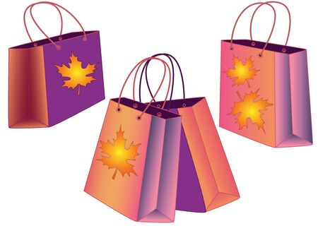 Set gift bags. Set of autumn shopping bags. Bags in the autumn theme with golden leaves.のイラスト素材
