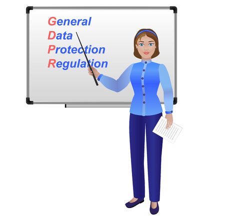 General regulations on the protection of personal data. Data security protocols. The girl clears up at the whiteboard General data protection regulations.のイラスト素材