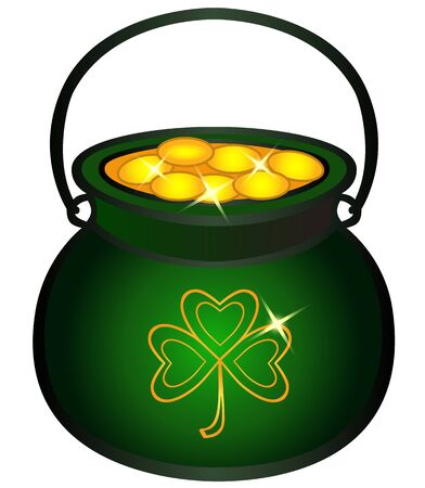 Pot filled with gold coins. Cauldron with gold, Celtic mythology, Irish holidays. Symbols of St. Patrick's Day. Green cauldron with clover leaf. Pot of leprikon at the end of the rainbow Treasureのイラスト素材