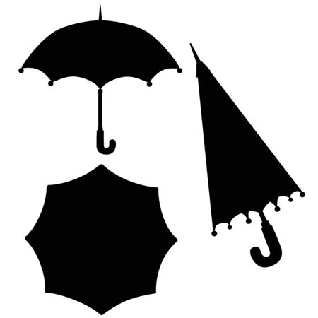 Set of umbrella silhouettes - open top view, open side view and closed. Umbrellas.のイラスト素材