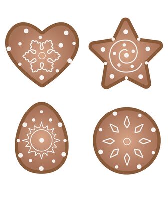 Biscuit. Gingerbread cookies with royal icing. Cookies in the form of a circle, stars, hearts and Easter eggs. Sweets with ginger, honey and spices. Gingerbreadのイラスト素材