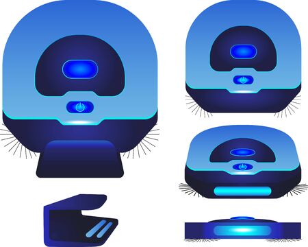 Blue robotic vacuum cleaner in different angles. Robot vacuum cleaner is charging. Base - charging for the robot vacuum cleaner.のイラスト素材