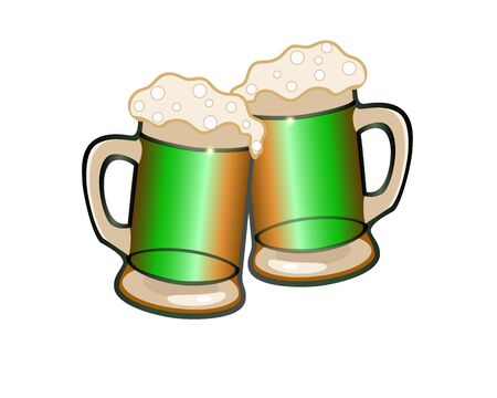 Clink. The clink of beer glasses. Beer glasses with foam on Patrick's Day. Two glasses of beer. Vector picture full color.のイラスト素材