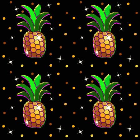 Sparkling golden pineapples with sparkles and sequins on a black background - vector seamless pattern. Bright rich shining background with pineapples.のイラスト素材