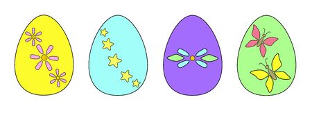 Multi-colored Easter eggs with drawings - set for Easter. Easter eggs of yellow, green, gray, blue colors with the image of butterflies, stars and spring flowers - full color vector illustration.のイラスト素材