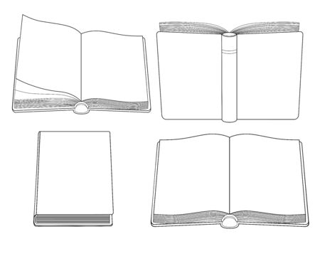 Books Set of four different books - linear vector pictures for coloring. Outline The set contains open and closed books drawn in different angles.のイラスト素材
