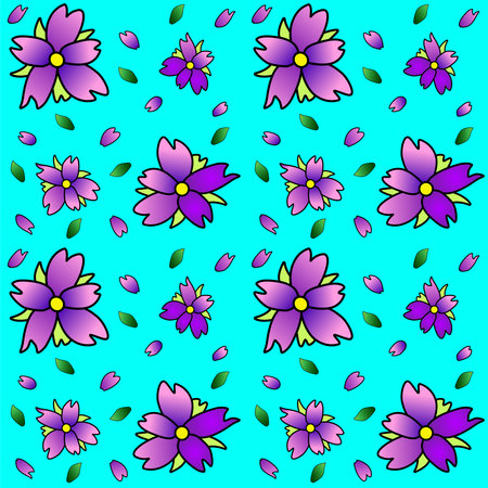 Green-blue background with violet flowers, petals and leaves - vector seamless pattern. Spring...