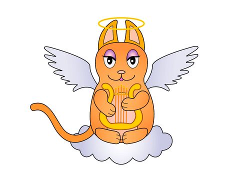 An angel cat with wings and a halo sits on a cloud and plays the harp. Red-haired cute kitty - angel plays the lyre on a cloud - vector character. Beautiful cat with angel wings and cloud.のイラスト素材