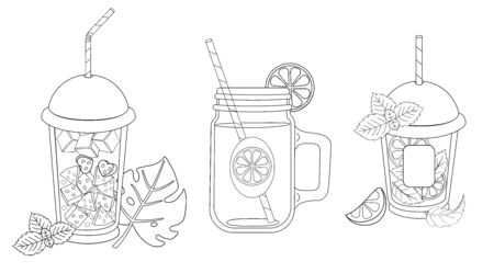 Glasses with summer refreshing drinks - vector linear set for coloring. Outline Juices, mojito, sparkling water in glasses and mugs with drinking straws decorated with fruits and leaves.のイラスト素材