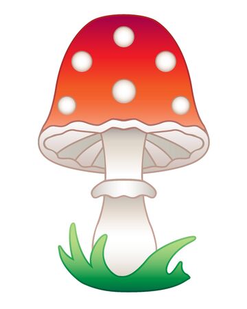 Amanita mushroom - vector full color picture. Cartoon bright red mushroom with white dots. Poisonous, beautiful mushroom - Amanita grows in the grass.のイラスト素材