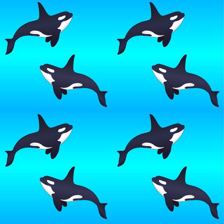 Killer whales on a blue gradient background - vector seamless marine pattern. Swimming orca seamless pattern with marine mammals. Underwater lifeのイラスト素材