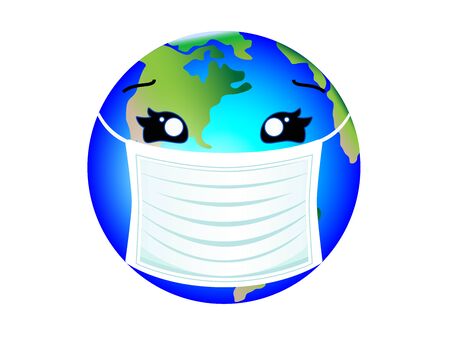 Planet Earth in a medical mask vector persern illustrating protection against the epidemic of coronovirus, influenza and other viral diseases. The earth is happy, it is protected from a pandemic.のイラスト素材