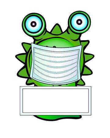 Green monster - an alien in a medical mask with a poster or a sign - a vector full-color picture with copy space on the theme of medicine, countering the epidemic of viral diseases, coronovirus, flu.のイラスト素材