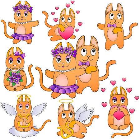 Set of characters of cats of different sexes in different situations - vector clip art. Dancing cats, angel cats, cats in love - full-color templates for stickers or illustrations of children's books.のイラスト素材