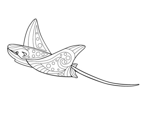 Electric stingray animal - coloring antistress - vector linear picture for coloring. Manta ray - marine animal with a pattern for coloring. Outline Hand drawing.のイラスト素材